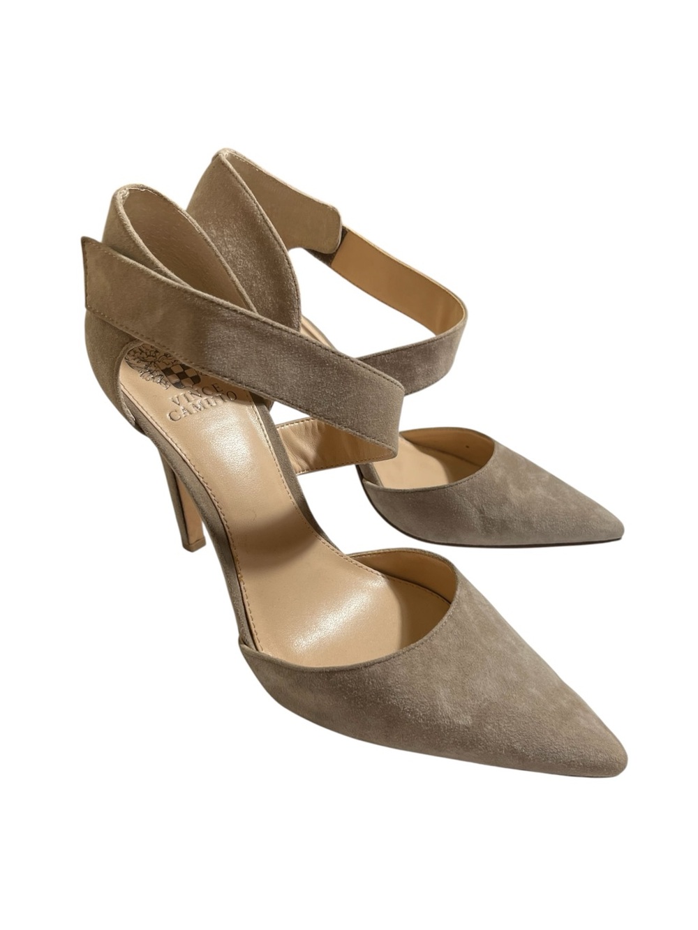 Vince Camuto Charlotte Taupe Suede Pointed Toe Pumps Crisscross Strap Heels 9M